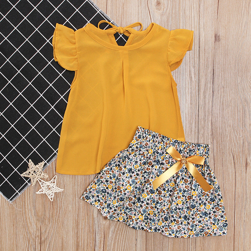 Children's European And American Summer Girls Small Fly Sleeve Top + Bow Floral Skirt Two-piece Children's Clothing Ins