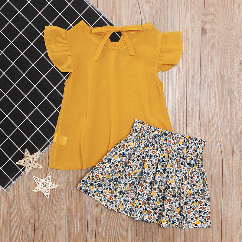 Children's European And American Summer Girls Small Fly Sleeve Top + Bow Floral Skirt Two-piece Children's Clothing Ins