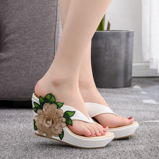 9cm Wedge Slippers Embroidered Flower Sandals Large Size Sandals Platform Sandals Roman Sandals Foreign Trade New