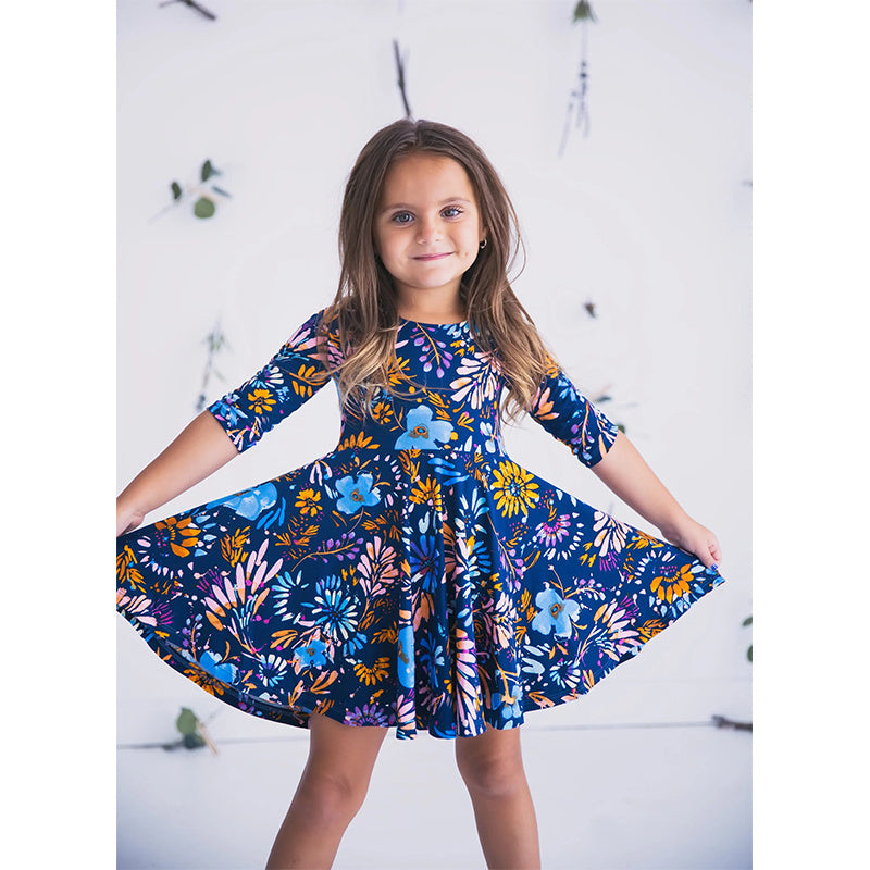 Blue floral knee-length parent-child skirt