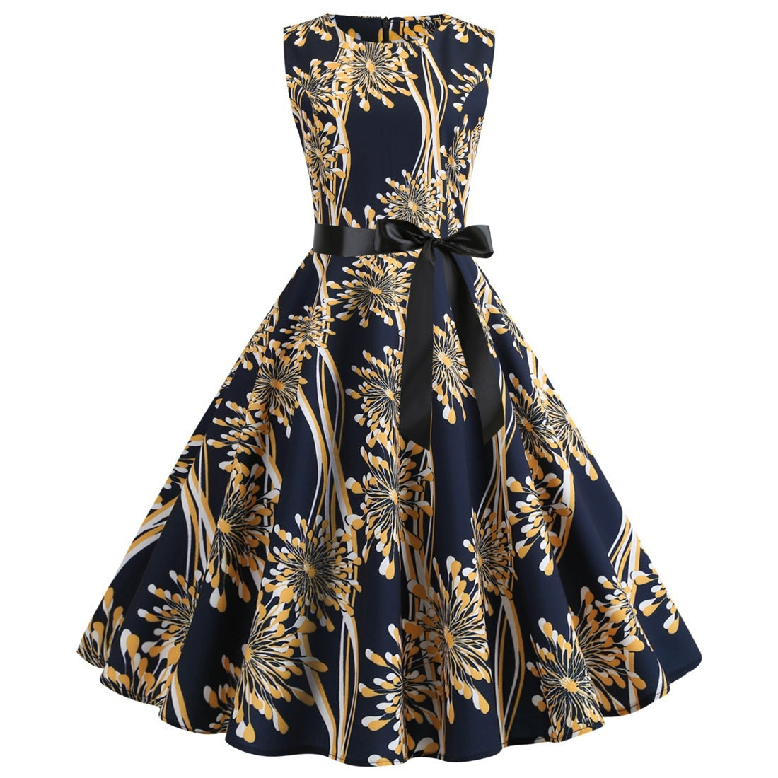 Vintage Round Neck Sleeveless Black Ribbon Print Big Dress