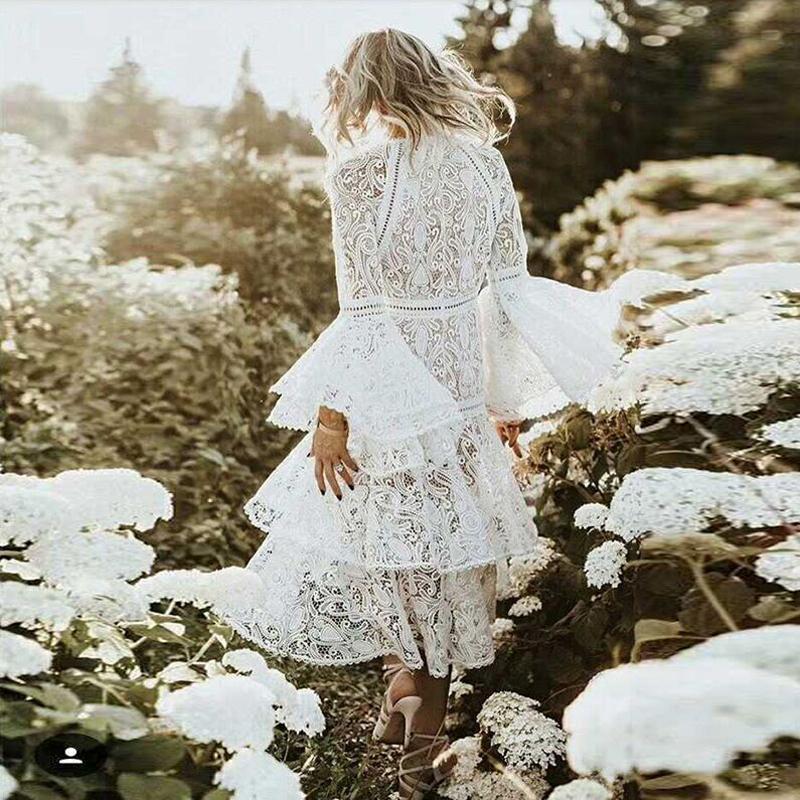 Spring New European And American Foreign Trade Women's Amazon Wish Round Neck Trumpet Sleeve Hollow Lace Dress