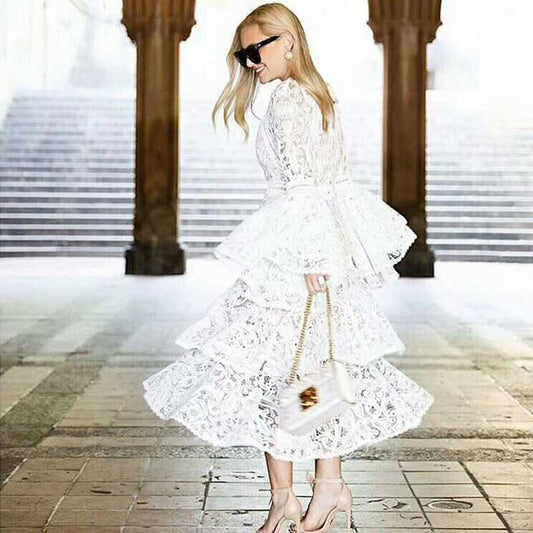 Spring New European And American Foreign Trade Women's Amazon Wish Round Neck Trumpet Sleeve Hollow Lace Dress