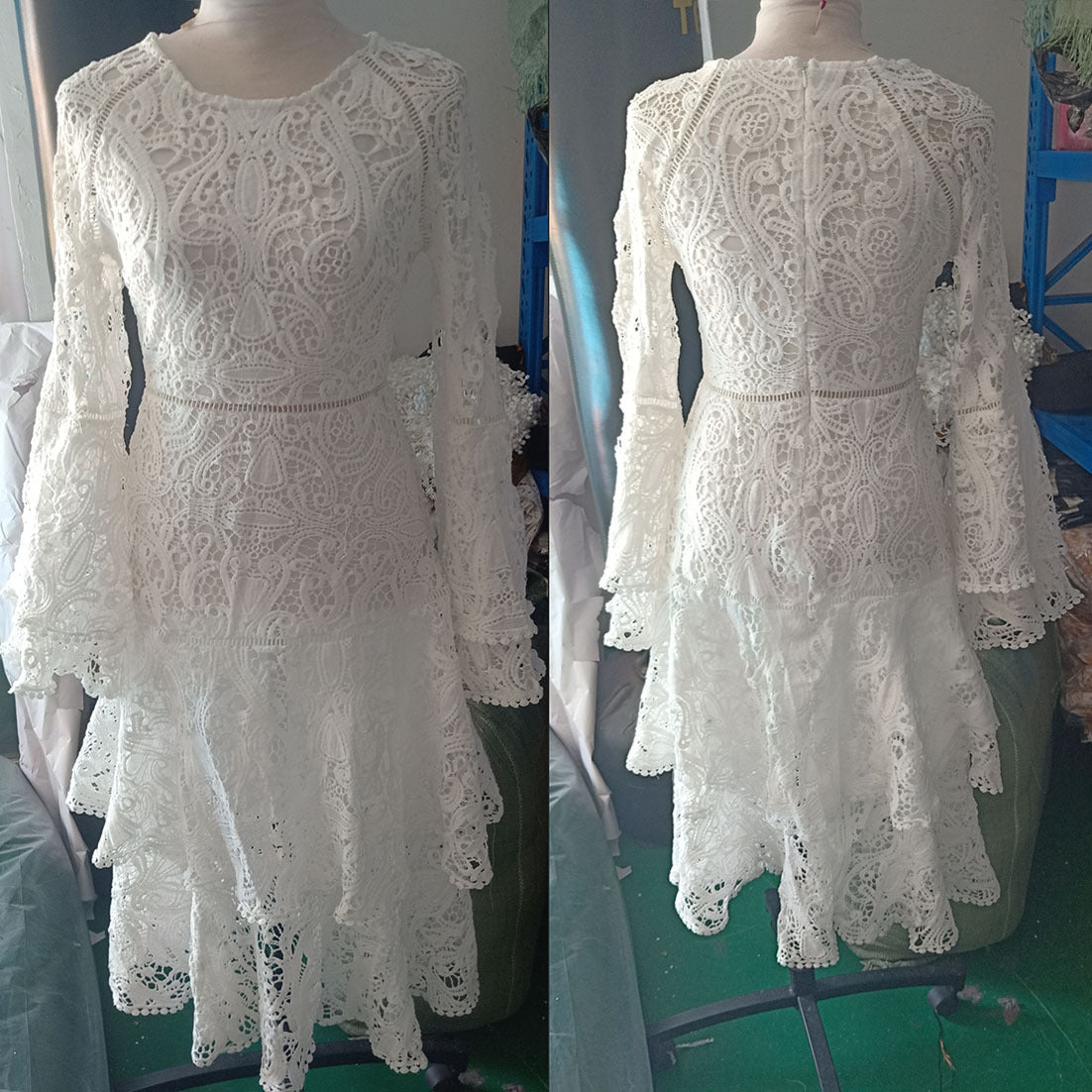 Spring New European And American Foreign Trade Women's Amazon Wish Round Neck Trumpet Sleeve Hollow Lace Dress