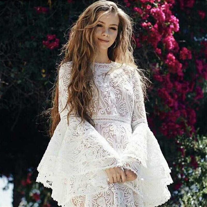 Spring New European And American Foreign Trade Women's Amazon Wish Round Neck Trumpet Sleeve Hollow Lace Dress