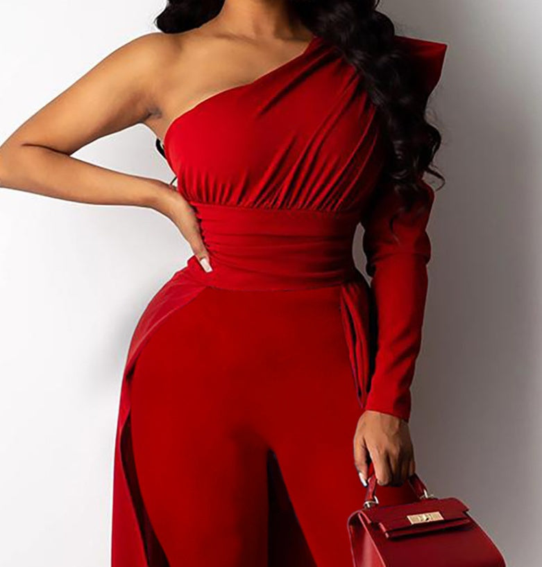 European And American New Style Red One-Shoulder Puff Sleeve Skinny Long Mop Jumpsuit. WAS £45 NOW £19.99 ONLY.