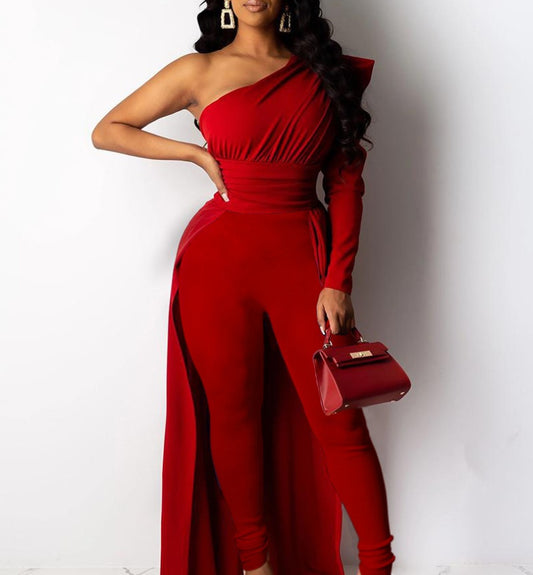 European And American New Style Red One-Shoulder Puff Sleeve Skinny Long Mop Jumpsuit. WAS £45 NOW £19.99 ONLY.