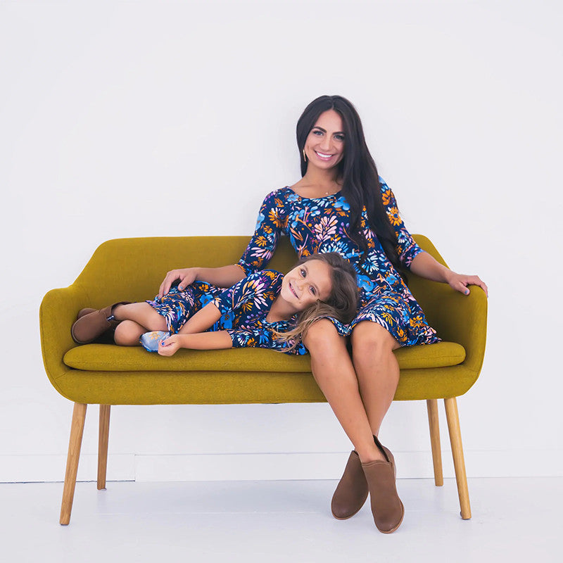 Blue floral knee-length parent-child skirt