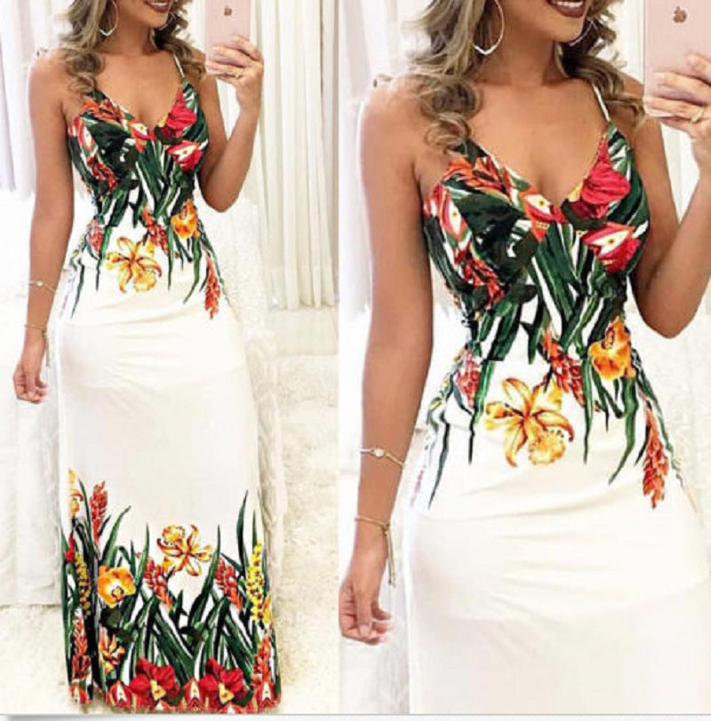 White Printed V-Neck Long Sleeveless Summer Dress
