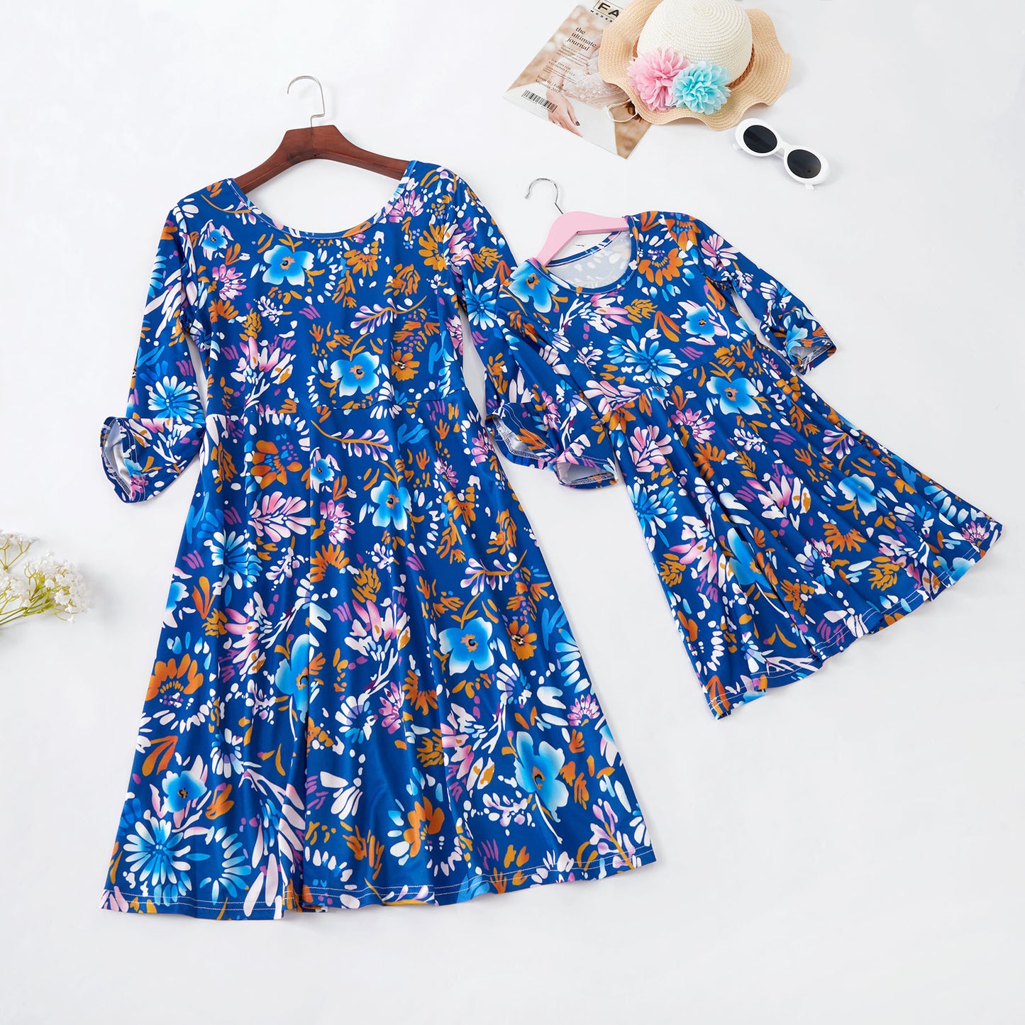 Blue floral knee-length parent-child skirt