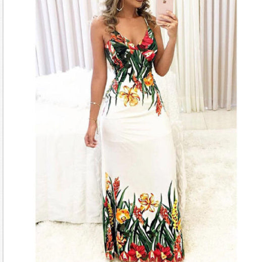 White Printed V-Neck Long Sleeveless Summer Dress