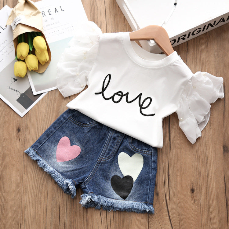 Girls' Suit 2020 Summer Hot Style Denim Shorts + Short-sleeved T-shirt Children's Clothing Two-piece Korean Version For Children