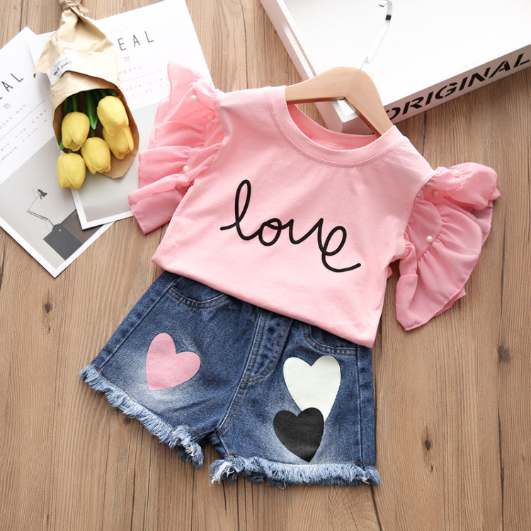 Girls' Suit 2020 Summer Hot Style Denim Shorts + Short-sleeved T-shirt Children's Clothing Two-piece Korean Version For Children