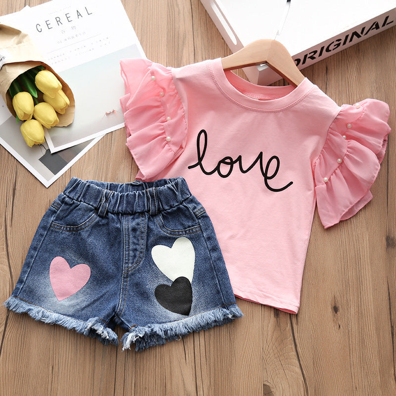 Girls' Suit 2020 Summer Hot Style Denim Shorts + Short-sleeved T-shirt Children's Clothing Two-piece Korean Version For Children