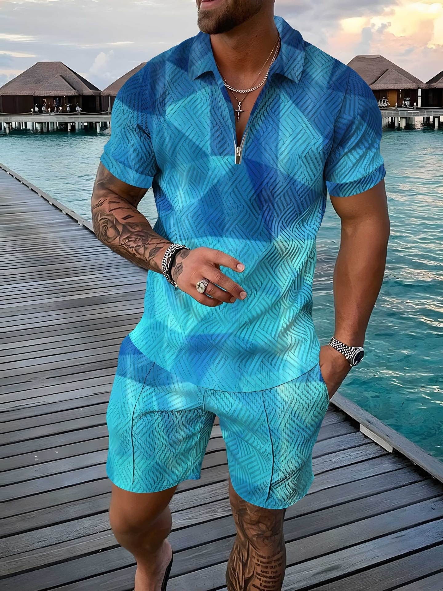 Cross-border Summer Foreign Trade Fashion Zipper Polo Shirt Suit Men's Casual 3D Printed Polo Shirt Beach Pants Suit