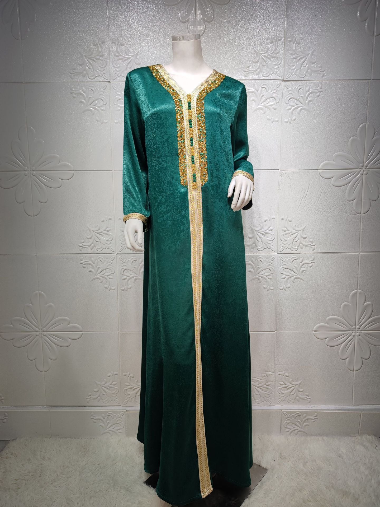 Women's Dress Ironing Diamond Ribbon Lace Abaya Dubai Muslim Fashion Robe