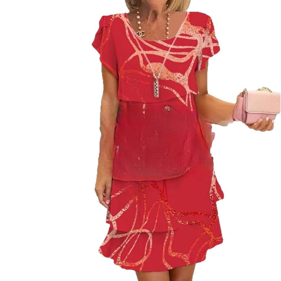 Short Sleeve Round Neck 3D Printing Series Cake Dress