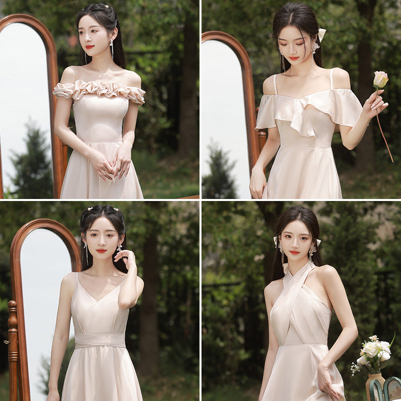 Champagne Bridesmaid Dress For Women 2024 New Style Usually Wearable Spring Small Sisters Group Dress Satin High-end