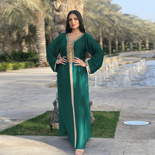 Women's Dress Ironing Diamond Ribbon Lace Abaya Dubai Muslim Fashion Robe