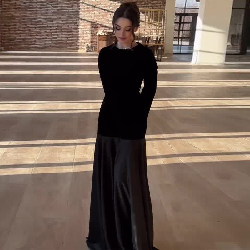 Autumn 2024 New European And American Cross-border Amazon Cross-border Women's Crewneck Contrast Velvet Stitching Fake Two-piece Long Dress