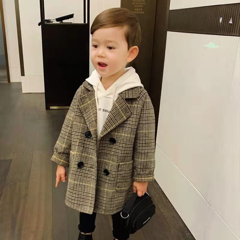 Boys' Autumn And Winter Woolen Coat 2023 New Korean Style Children's Plaid Suit Cardigan Baby Boys' Fashionable Coat
