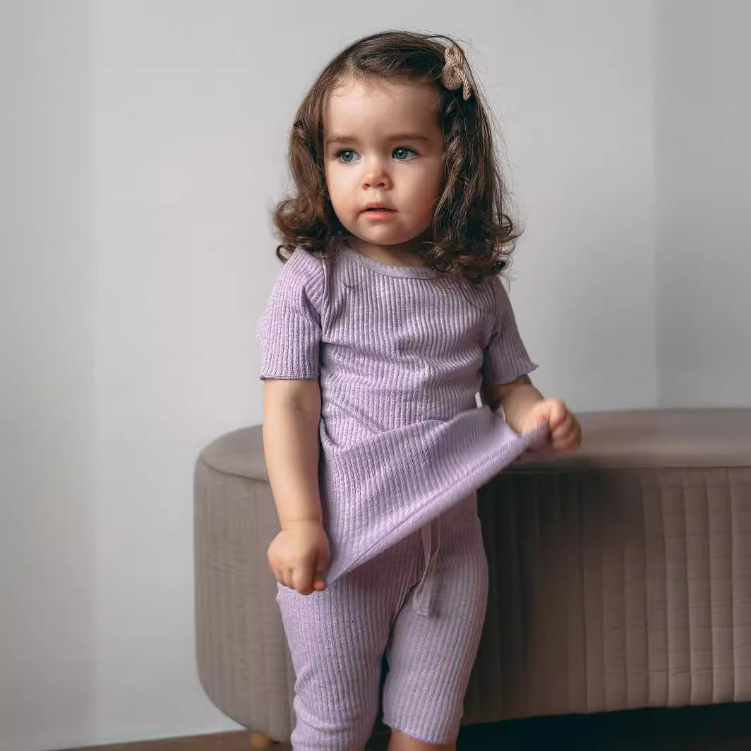 Girls' Pajamas Summer Solid Color Short-sleeved Home Clothes Suit Air-conditioning Clothes Class A Children's Curling Pit-strip Base Pajamas