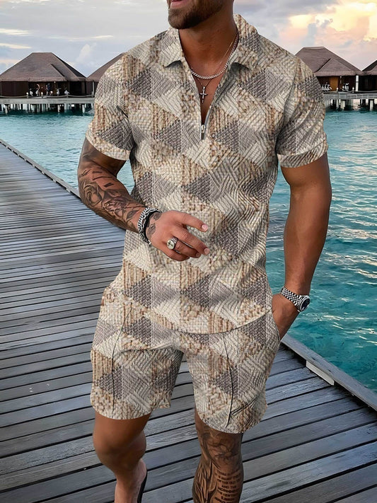 Cross-border Summer Foreign Trade Fashion Zipper Polo Shirt Suit Men's Casual 3D Printed Polo Shirt Beach Pants Suit