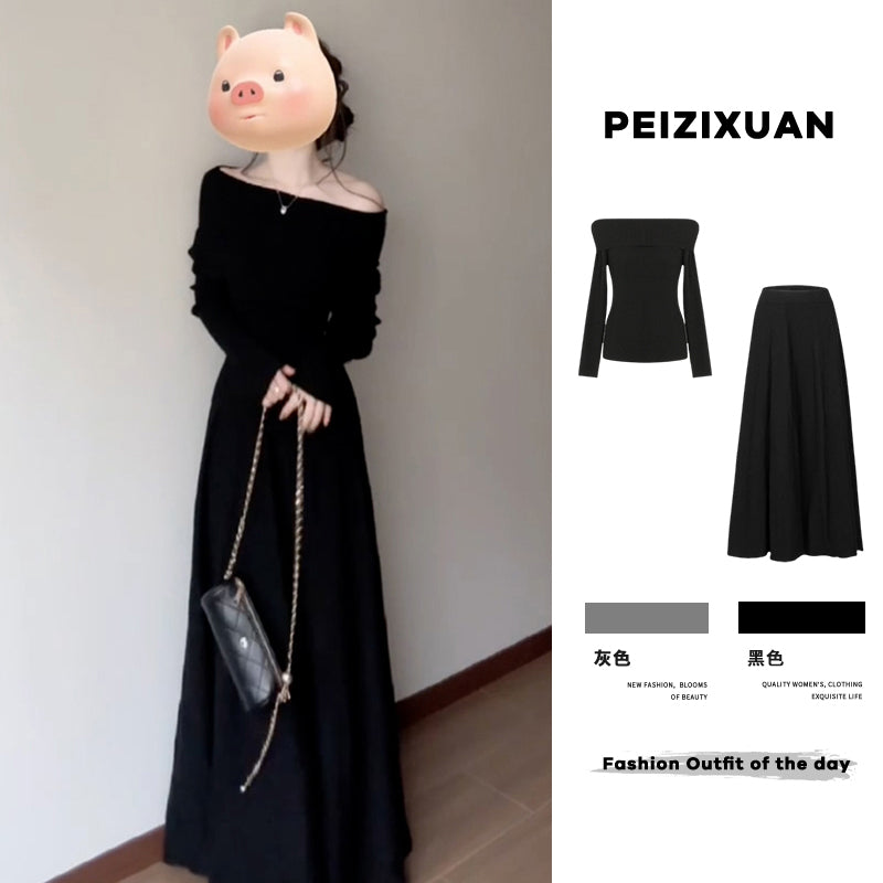 One-shoulder Black Knitted Dress For Women In Early Spring 2025 New Waist-pinching Little Black Skirt Spring Outfit Set