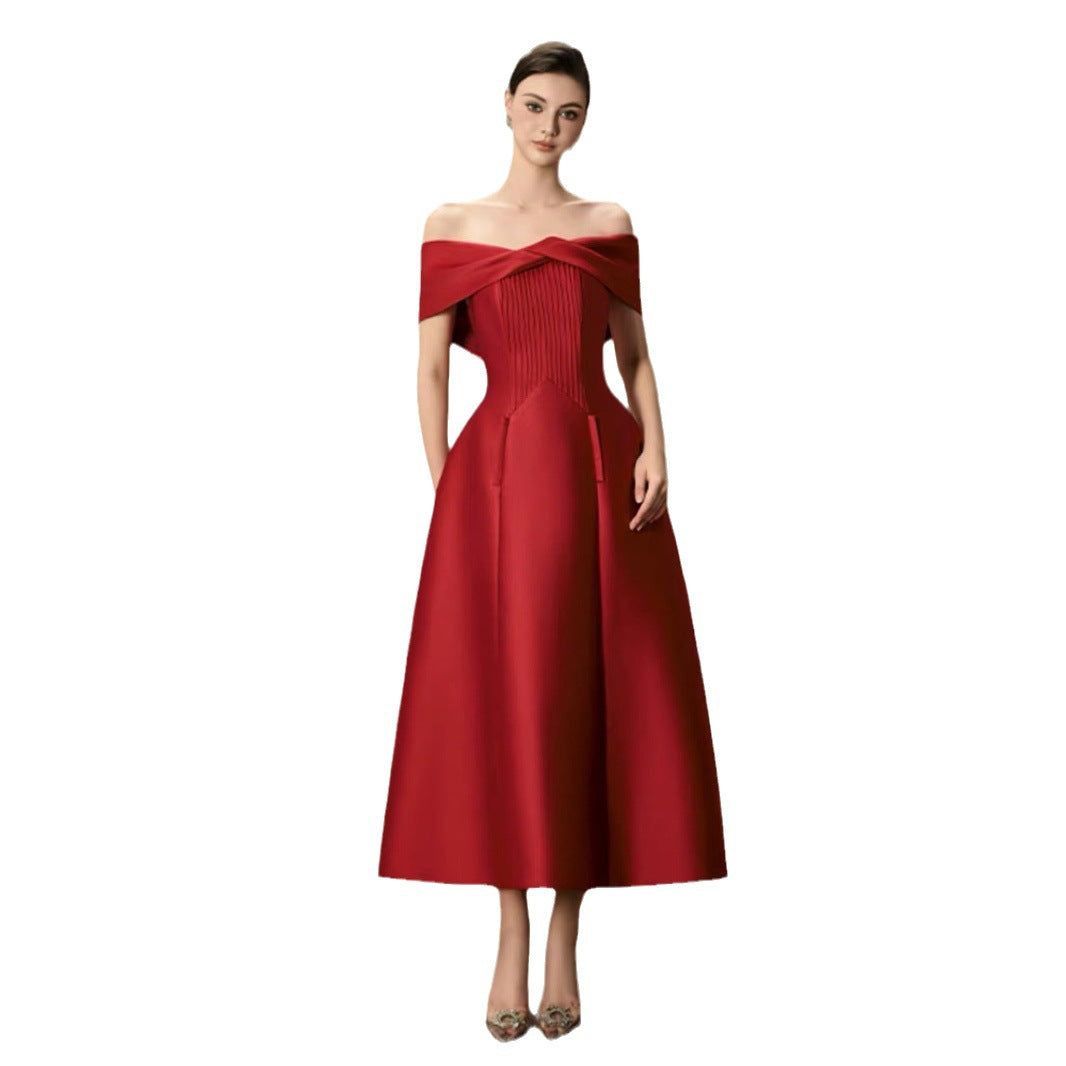 In Stock Vietnamese Designer Delicate French High-end Sense Twisted Off-shoulder Waist A- Line High-end Dress