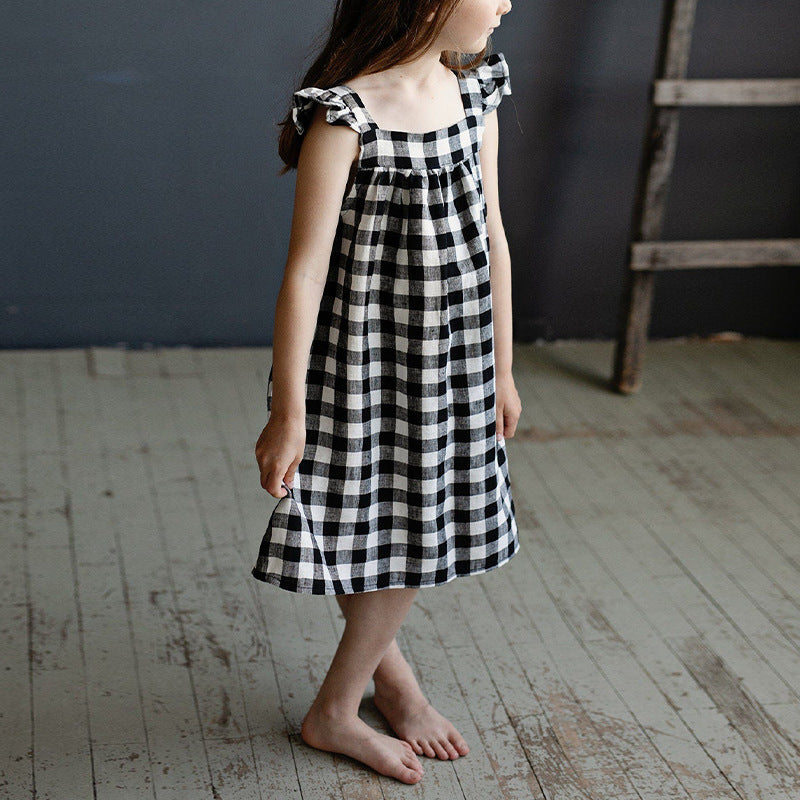 Summer New Style Linen Cotton Breathable Sleeveless Vest Dress For Baby Girls Fashion Contrast Color Plaid Square Collar Dress Children's Wear