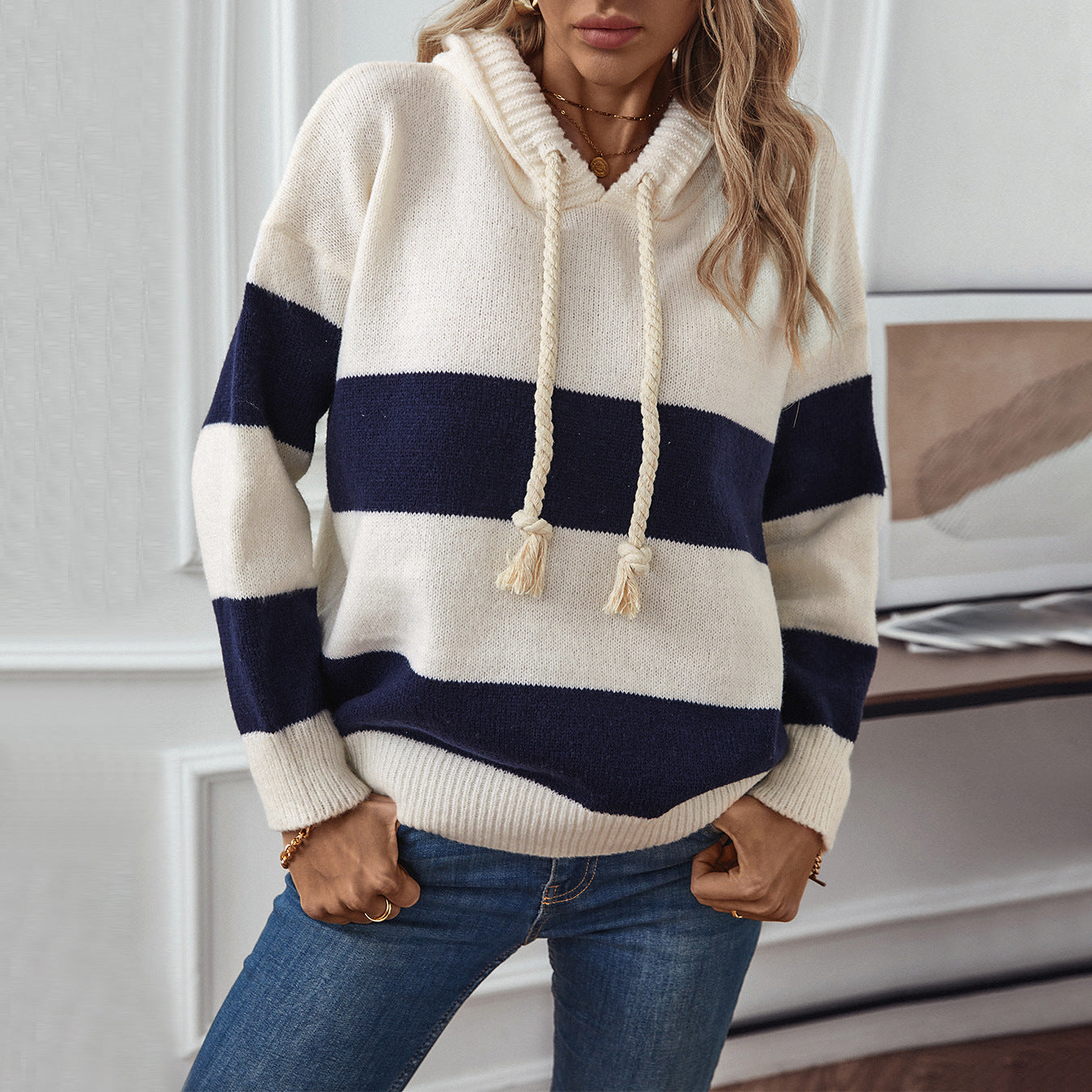 European And American Cross-border Hooded Color Pullover Sweater Top Women's Autumn And Winter Loose Casual All-match Women's Sweater Top