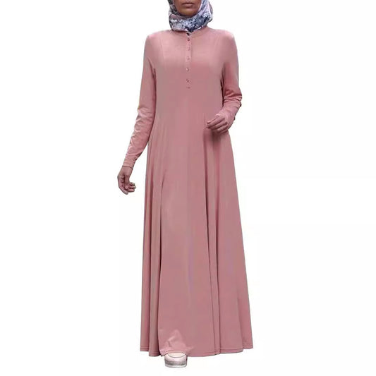 Muslim Hui Women's Clothing Middle East Women's Loose Solid Color Single-breasted Pullover Long Sleeve Dress Abaya