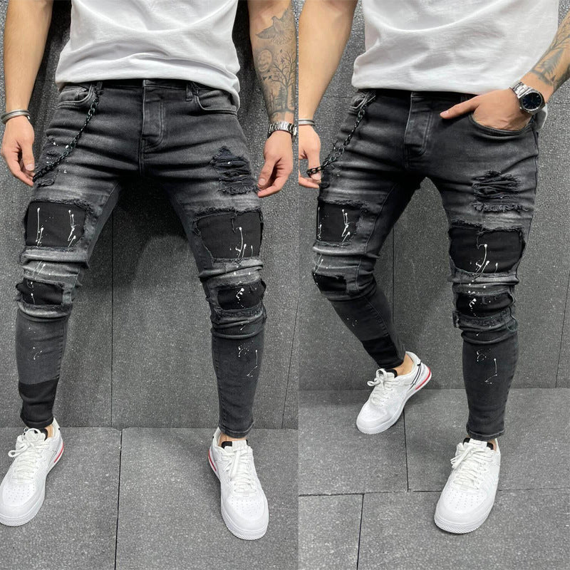 European And American Men's Hole Printed Jeans Amazon Number Selling Paste Stretch Small Feet Jeans New