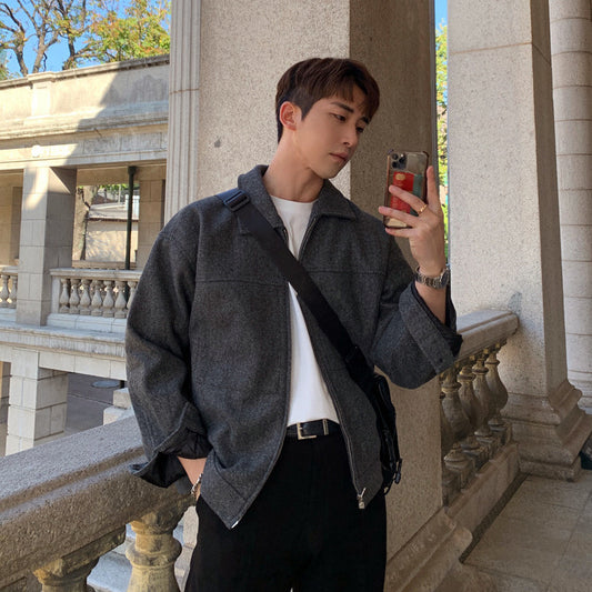 Spring And Autumn Men's Short Jacket Thickened Woolen Coat Korean Style Trendy Lapel Solid Color Light Luxury Top For Men