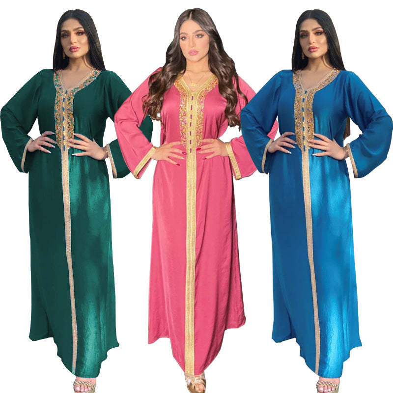 Women's Dress Ironing Diamond Ribbon Lace Abaya Dubai Muslim Fashion Robe