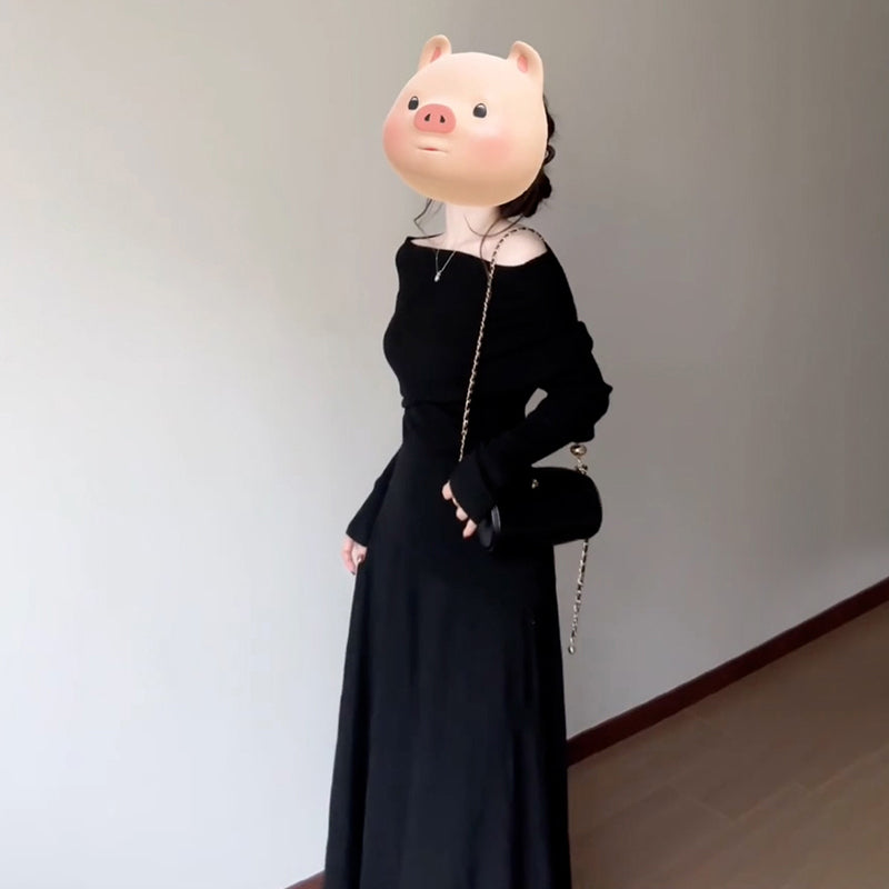One-shoulder Black Knitted Dress For Women In Early Spring 2025 New Waist-pinching Little Black Skirt Spring Outfit Set