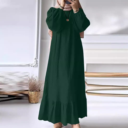 2024 Muslim Women's Robe Spring And Autumn New Fashion Puff Sleeve Vintage Pocket Hem Ruffled Dress