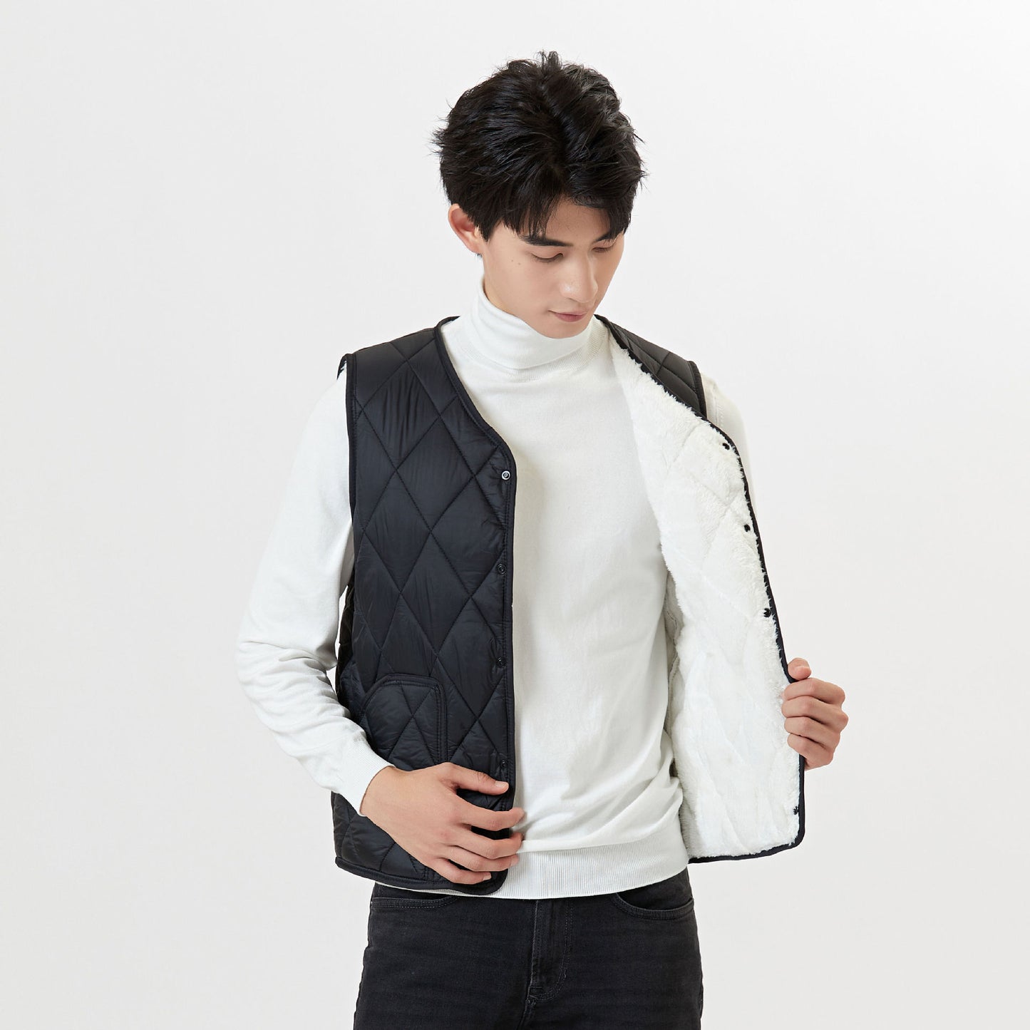 Men's Autumn And Winter Velvet Warm Middle-aged And Elderly Oversized Vest Inner Pocket Men's Diamond Short Vest