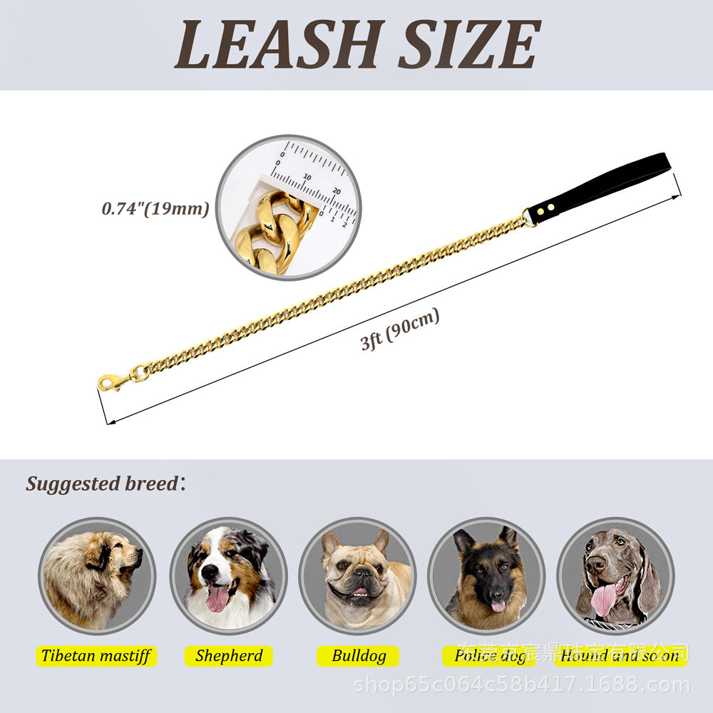 19MM Six-sided Grinding Stainless Steel Gold Traction Dog Chain Collar Collar Dog Leash Medium And Large Dog Leash