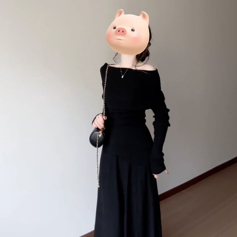 One-shoulder Black Knitted Dress For Women In Early Spring 2025 New Waist-pinching Little Black Skirt Spring Outfit Set