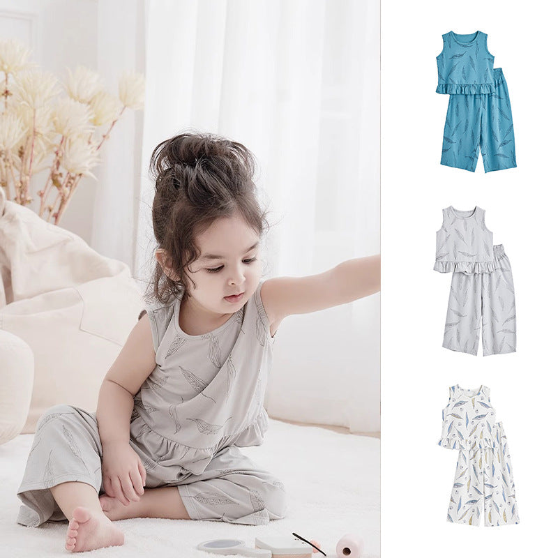 Bamboo Fiber Girls' Short-sleeved Wide-leg Pants Suit 2024 European And American Style Spring And Summer Baby Sleeveless Top Children's Homewear