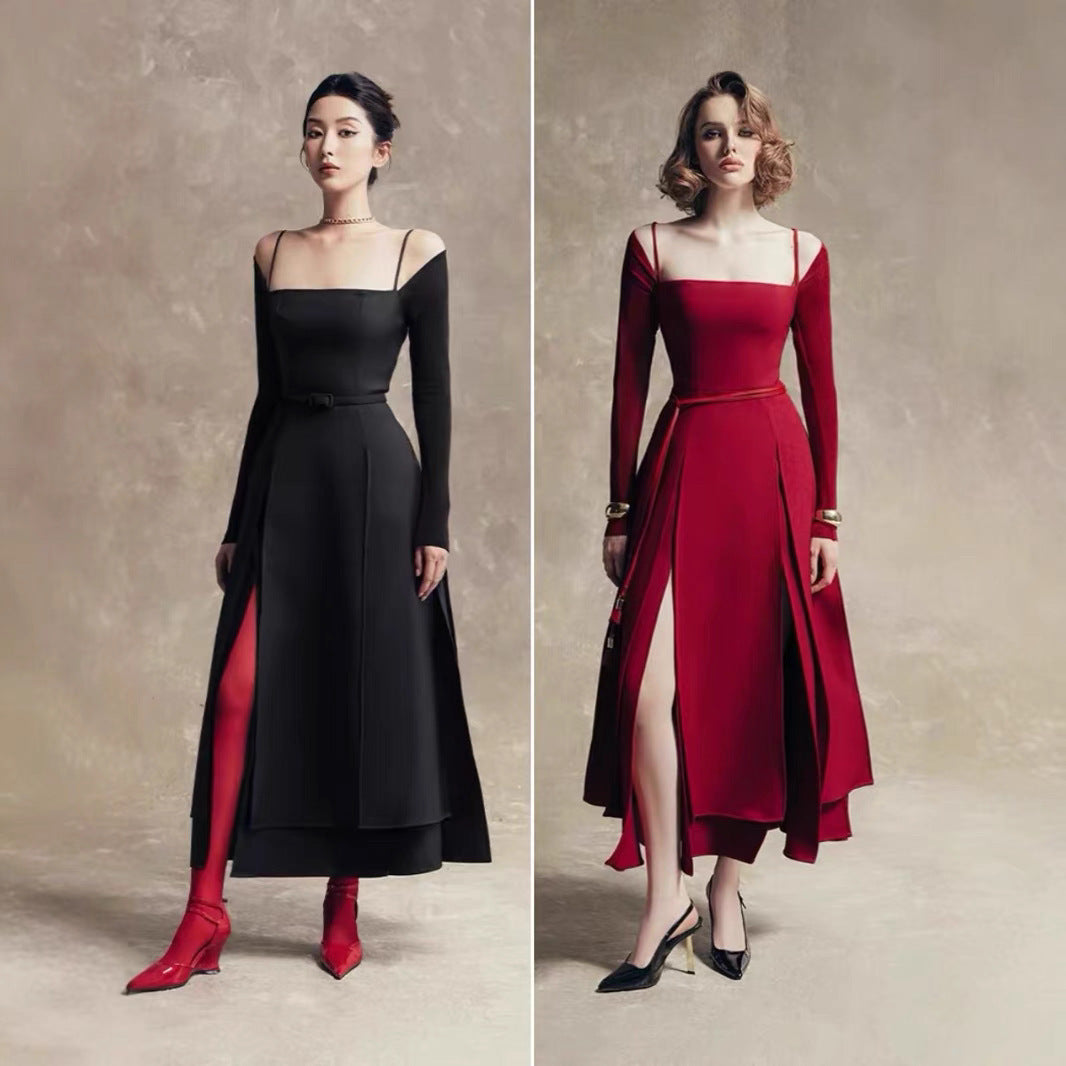 In Stock Vietnamese Designer Elegant Long Sleeve Black Irregular Split Skirt Long Dress Shoulder Strap Dress
