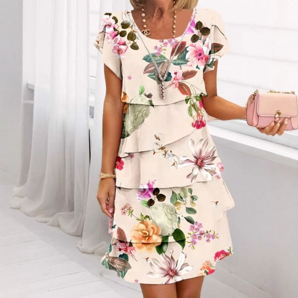 Short Sleeve Round Neck 3D Printing Series Cake Dress