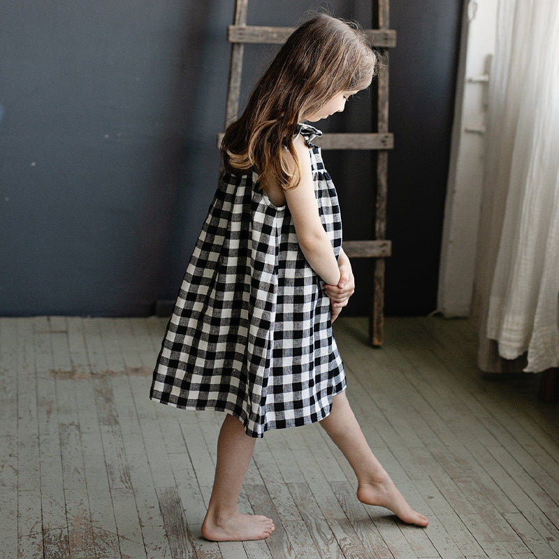 Summer New Style Linen Cotton Breathable Sleeveless Vest Dress For Baby Girls Fashion Contrast Color Plaid Square Collar Dress Children's Wear