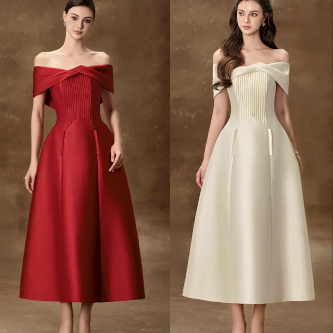 In Stock Vietnamese Designer Delicate French High-end Sense Twisted Off-shoulder Waist A- Line High-end Dress