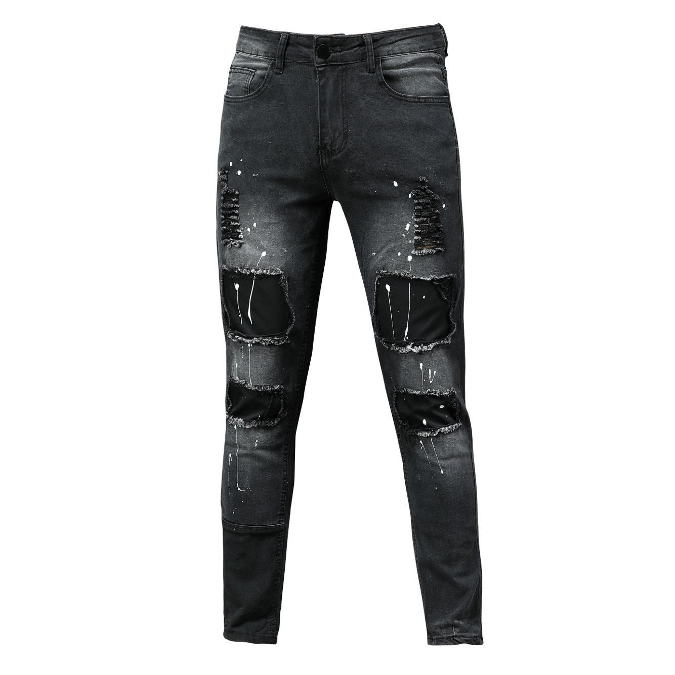 European And American Men's Hole Printed Jeans Amazon Number Selling Paste Stretch Small Feet Jeans New
