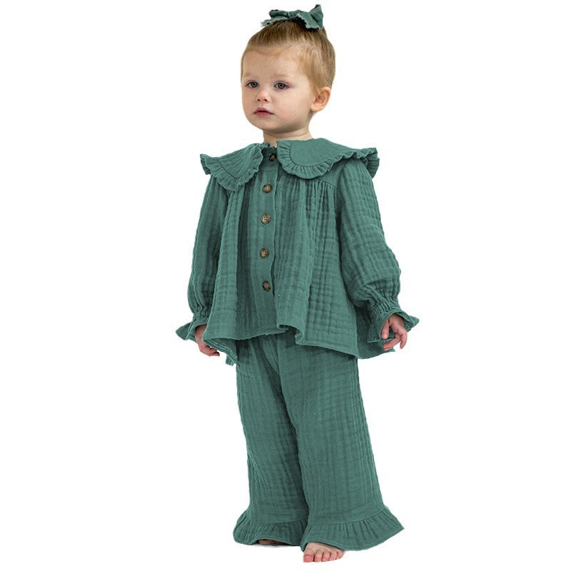 Loose Cute Long-sleeved Two-piece Autumn New Cotton Children's Wear Ruffled Crewneck Top Lace Trousers
