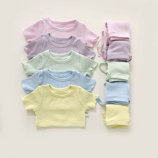 Girls' Pajamas Summer Solid Color Short-sleeved Home Clothes Suit Air-conditioning Clothes Class A Children's Curling Pit-strip Base Pajamas