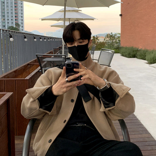 Jacket Casual Versatile Handsome Simple Woolen Jacket Short Men's Jacket Stand Collar