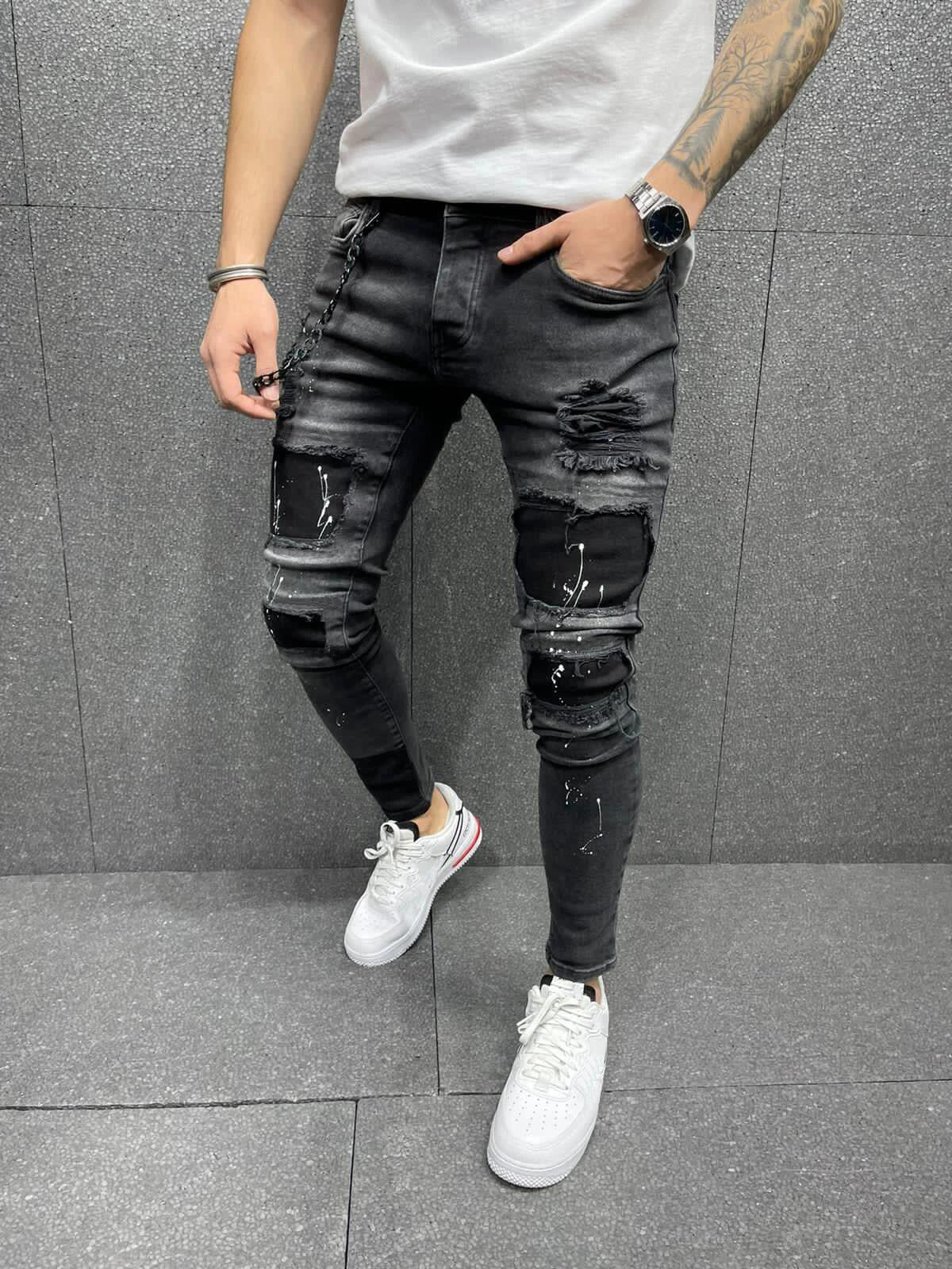 European And American Men's Hole Printed Jeans Amazon Number Selling Paste Stretch Small Feet Jeans New